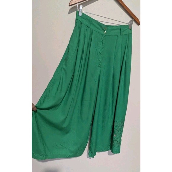 Vintage Dalin Bold Green Culottes Pants 80s Rayon High Rise Gauchos Emb W28 M/L - Picture 4 of 7